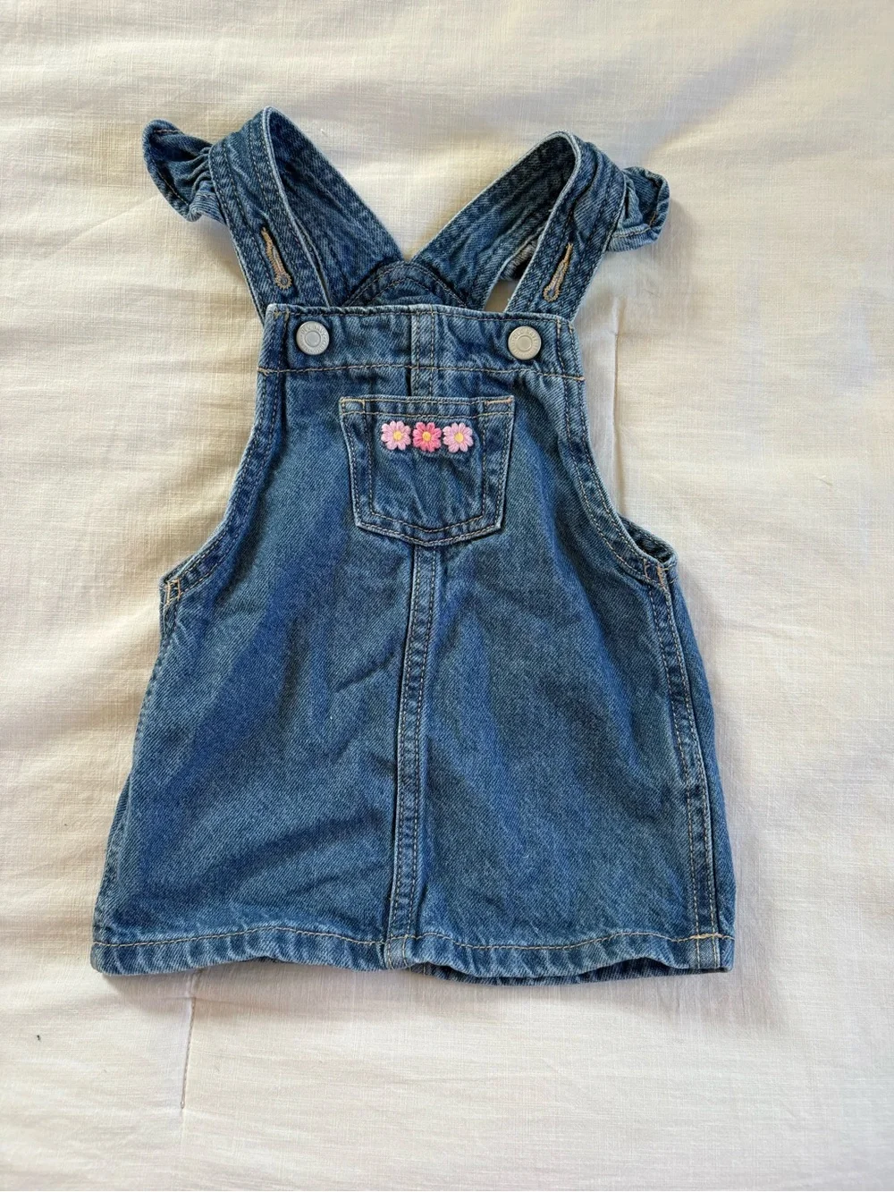 Old Navy Blue Denim Overall Dress with Pink Flower Trim